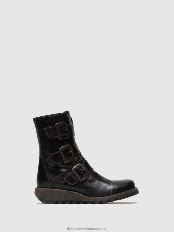 Women Fly London Black Leather Buckle Ankle Boots 0B6X418