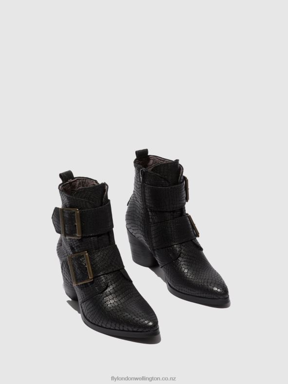 Women Fly London CROCO BLACK Buckle Ankle Boots ARIA827 0B6X4243