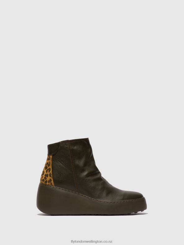 Women Fly London DK.GREEN/TAN Zip Up Ankle Boots DABE461 0B6X424