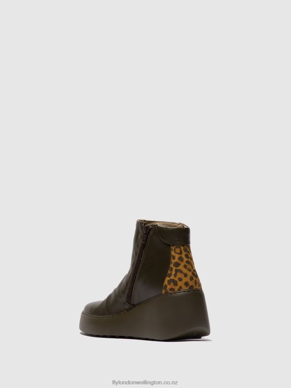 Women Fly London DK.GREEN/TAN Zip Up Ankle Boots DABE461 0B6X424