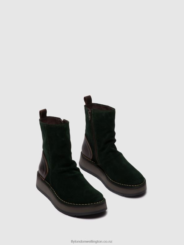 Women Fly London OILSUEDE/RUG GREEN FOREST/DK.BROWN Zip Up Ankle Boots RENO053 0B6X4248