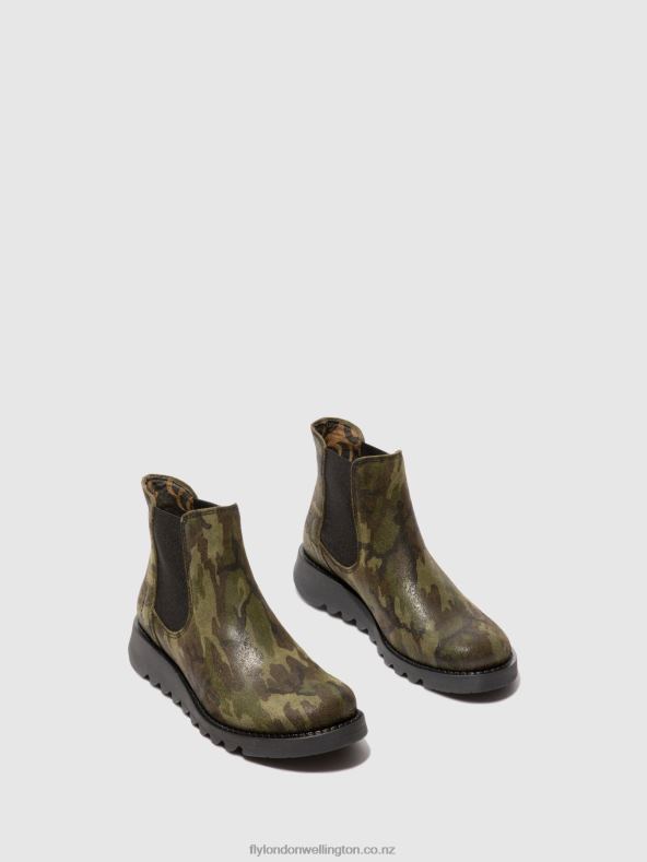 Women Fly London SALV CAMOUFLAGE MILITARY GREEN Chelsea Ankle Boots 0B6X4218