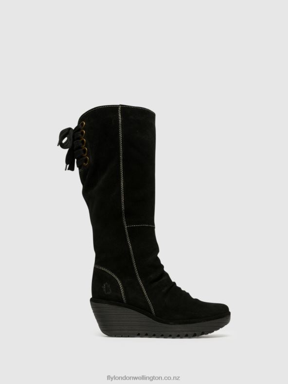 Women Fly London BLACK Knee-High Boots YUST 0B6X4354