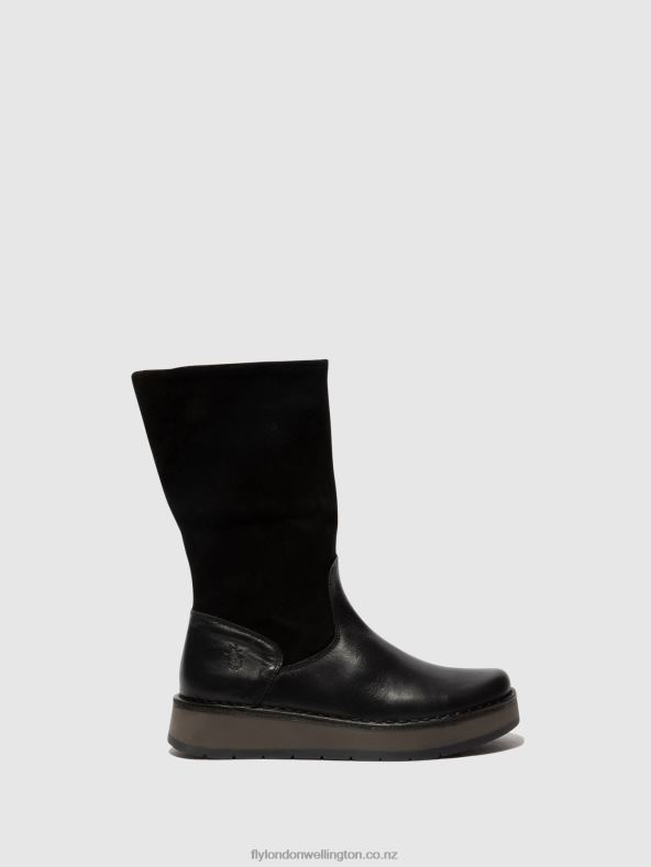 Women Fly London BLACK (GREEN) Zip Up Boots RULA083 0B6X4297