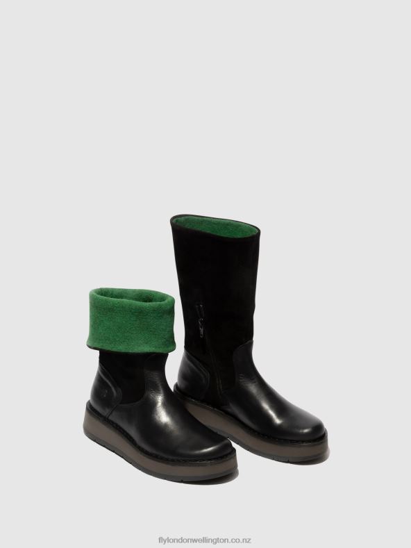 Women Fly London BLACK (GREEN) Zip Up Boots RULA083 0B6X4297