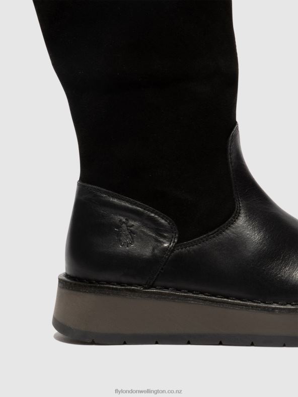 Women Fly London BLACK (GREEN) Zip Up Boots RULA083 0B6X4297