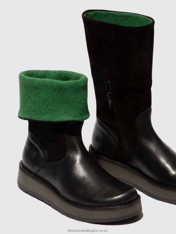Women Fly London BLACK (GREEN) Zip Up Boots RULA083 0B6X4297