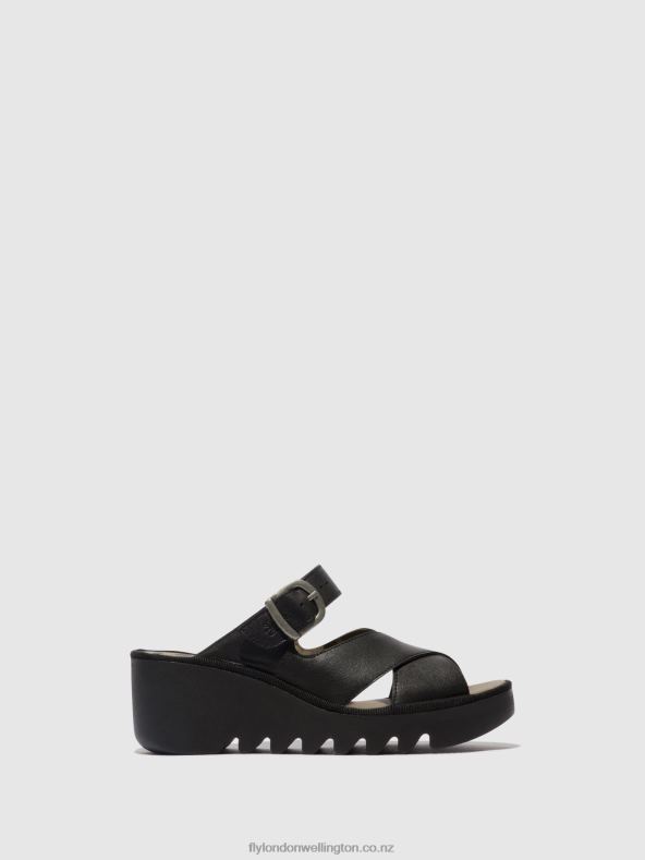 Women Fly London BLACK Wedge Mules BOCY409 0B6X4356