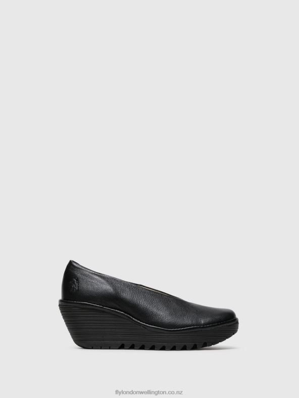 Women Fly London Gloss Black Wedge Shoes YAZ 0B6X4702