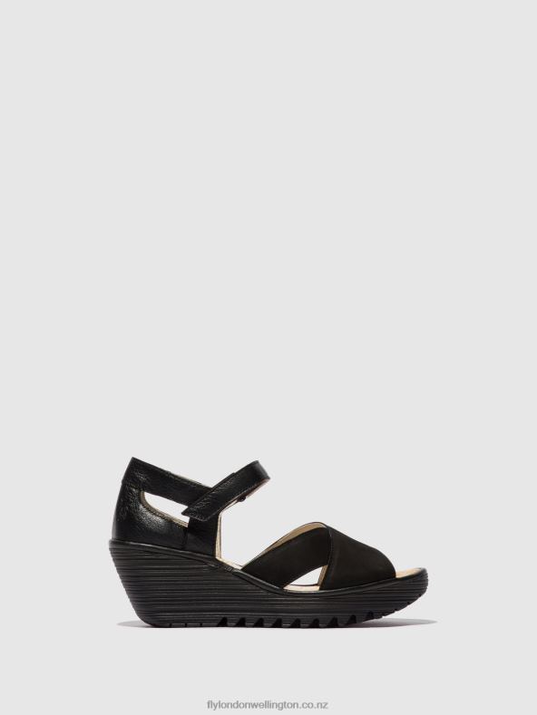Women Fly London BLACK Ankle Strap Sandals YENT365 0B6X4566
