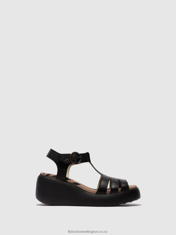 Women Fly London BLACK T-Strap Sandals DUMA955 0B6X4413