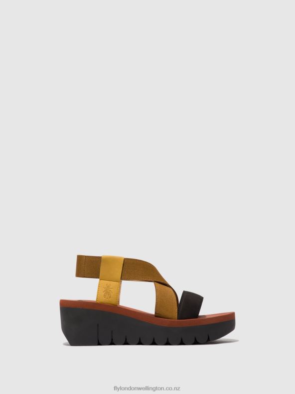 Women Fly London BUMBLEBEE/CAMEL/BLACK Sling-Back Sandals YABI922 0B6X4446