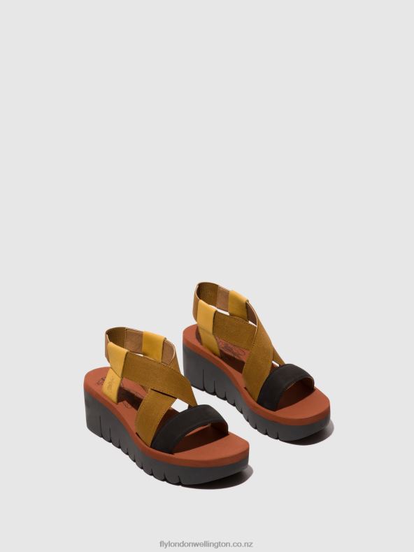 Women Fly London BUMBLEBEE/CAMEL/BLACK Sling-Back Sandals YABI922 0B6X4446