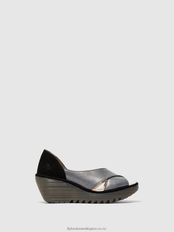 Women Fly London GREY/BLACK Crossover Sandals YOMA307 0B6X4560