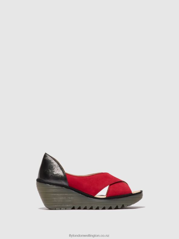 Women Fly London LIPSTICK RED/GRAPHITE Crossover Sandals YOMA307 0B6X4483