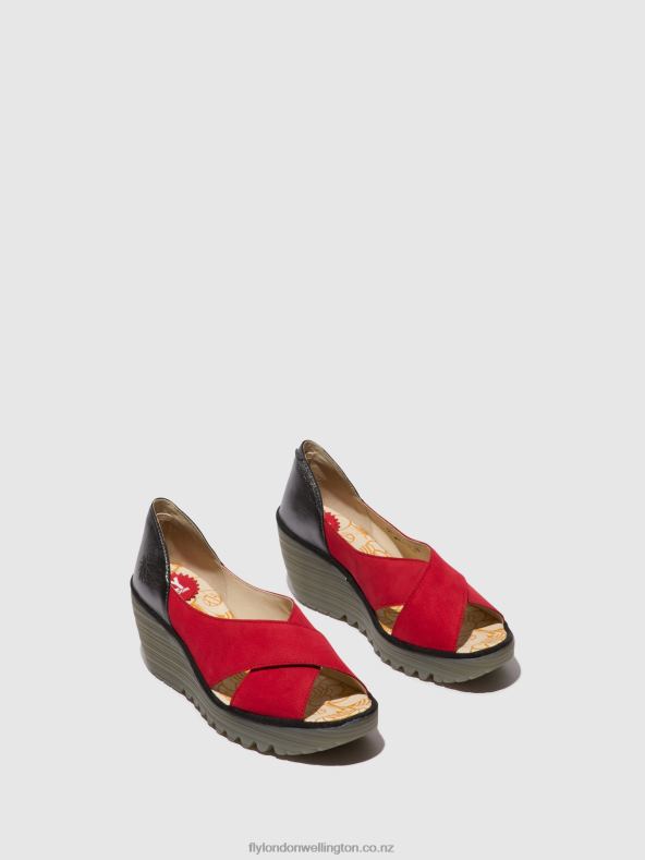 Women Fly London LIPSTICK RED/GRAPHITE Crossover Sandals YOMA307 0B6X4483