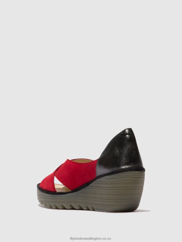 Women Fly London LIPSTICK RED/GRAPHITE Crossover Sandals YOMA307 0B6X4483