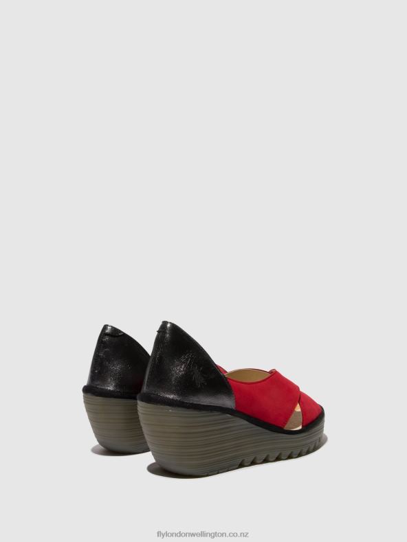 Women Fly London LIPSTICK RED/GRAPHITE Crossover Sandals YOMA307 0B6X4483