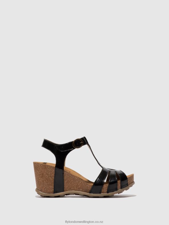 Women Fly London LUXOR BLACK T-Strap Sandals GUMY777 0B6X4610