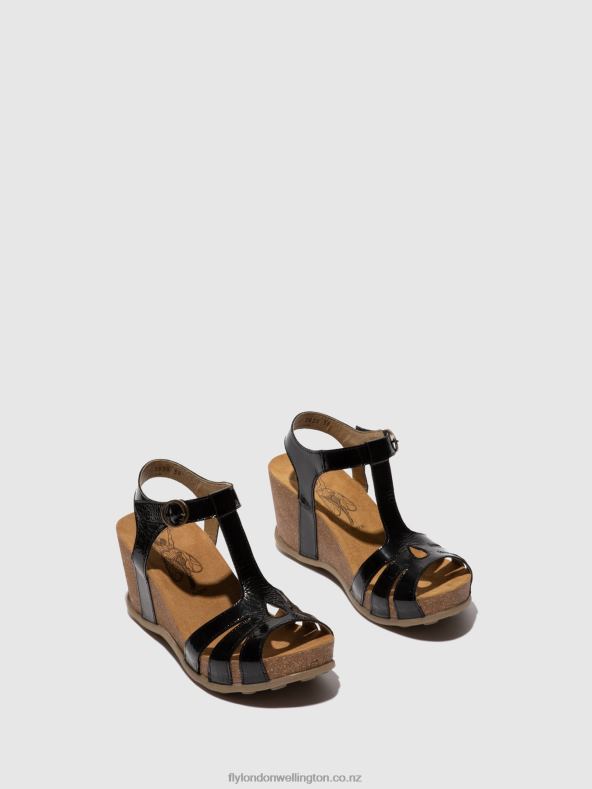 Women Fly London LUXOR BLACK T-Strap Sandals GUMY777 0B6X4610