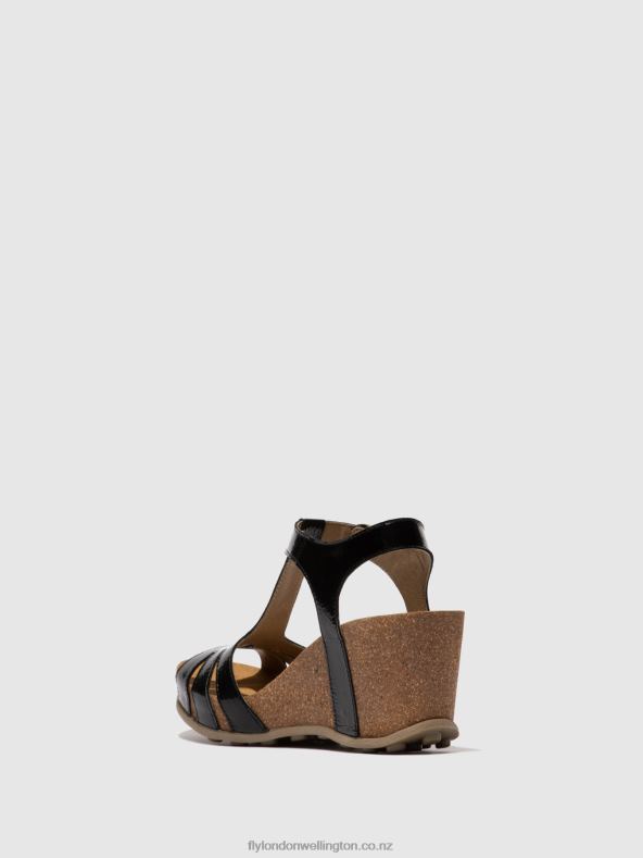 Women Fly London LUXOR BLACK T-Strap Sandals GUMY777 0B6X4610