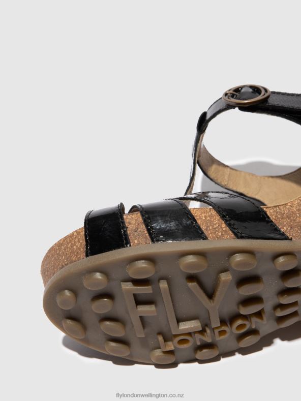 Women Fly London LUXOR BLACK T-Strap Sandals GUMY777 0B6X4610