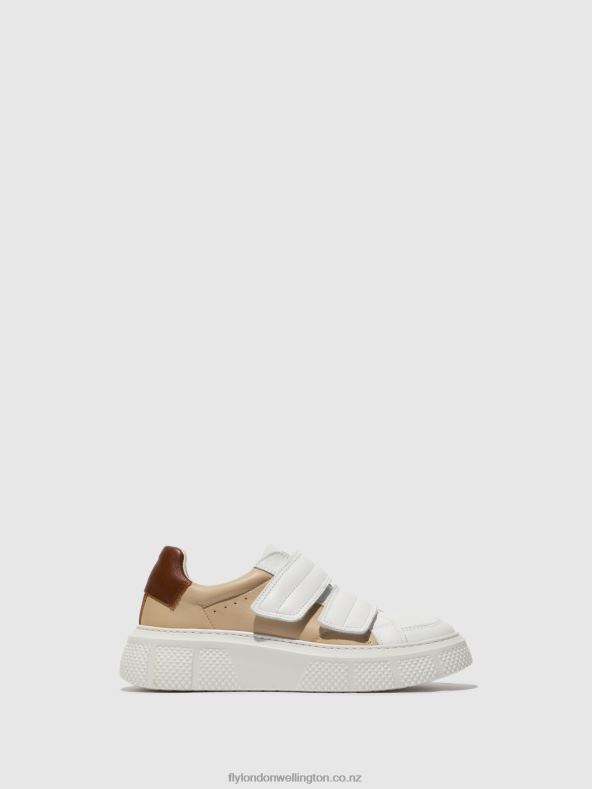 Women Fly London WHITE/BEIGE/COGNAC Velcro Trainers EDDA513 0B6X4751