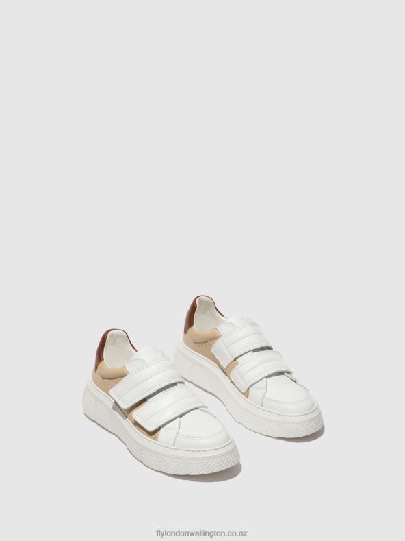 Women Fly London WHITE/BEIGE/COGNAC Velcro Trainers EDDA513 0B6X4751