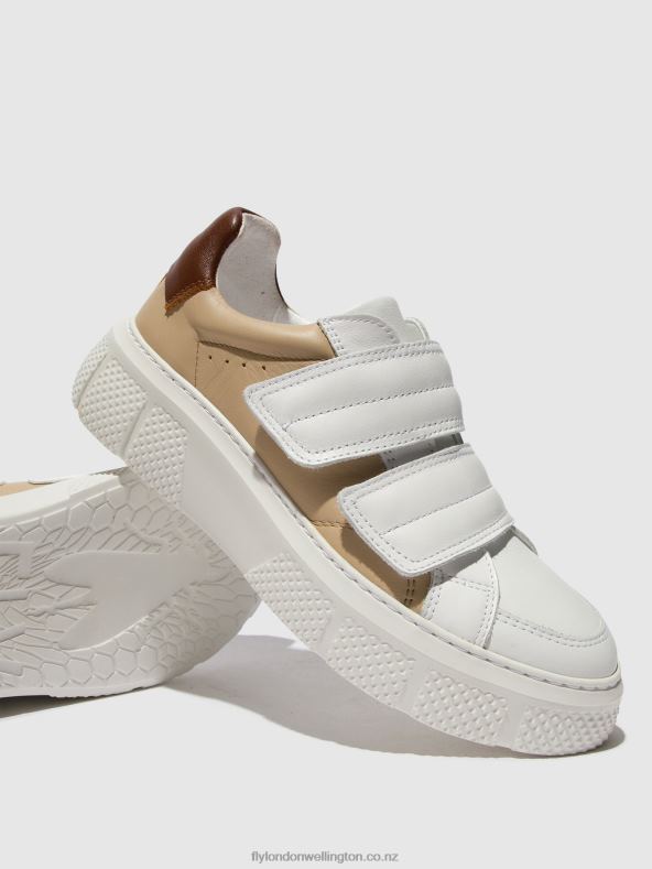 Women Fly London WHITE/BEIGE/COGNAC Velcro Trainers EDDA513 0B6X4751